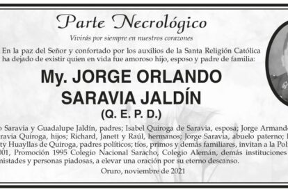 Parte Necrológico de My. Jorge Orlando Saravia Jaldín