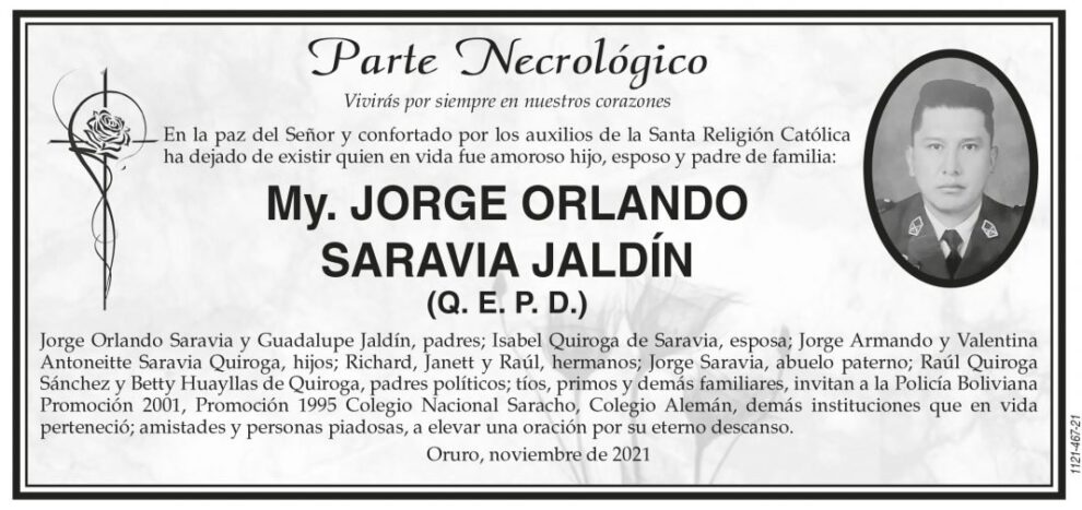 Parte Necrológico de My. Jorge Orlando Saravia Jaldín