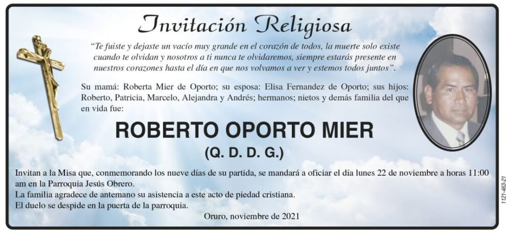 Invitación Religiosa para Roberto Oporto Mier