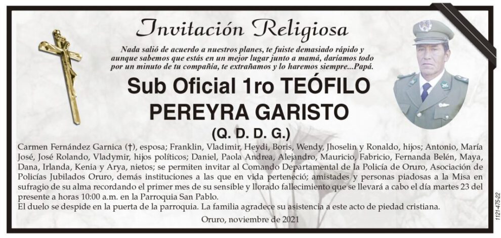 Invitación Religiosa para Teófilo Pereyra Garisto