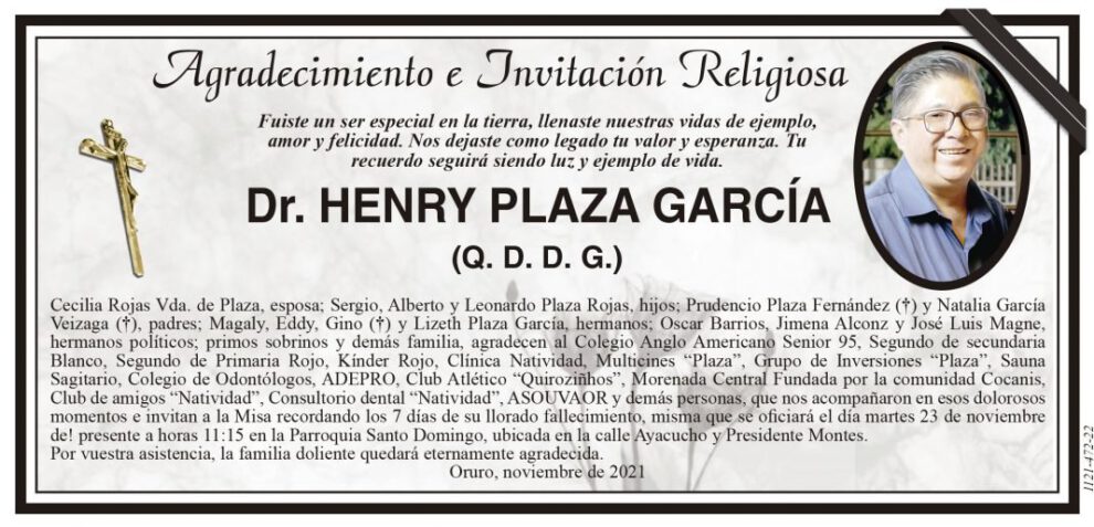 Agradecimiento e Invitación Religiosa: Dr. Henry Plaza García