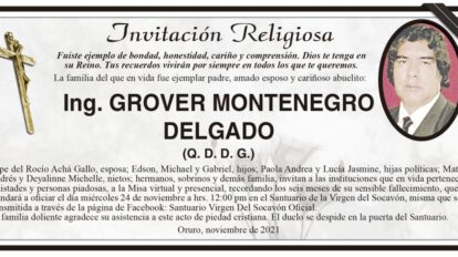 Invitación Religiosa para Ing. Grover Montenegro Delgado