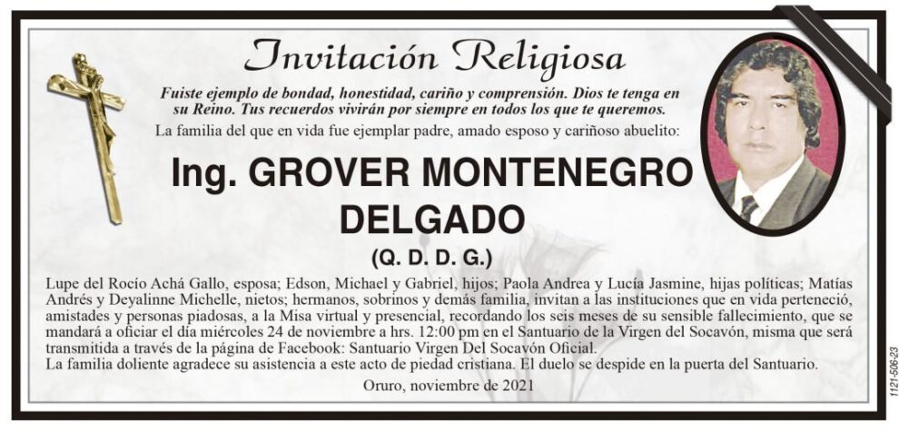 Invitación Religiosa para Ing. Grover Montenegro Delgado