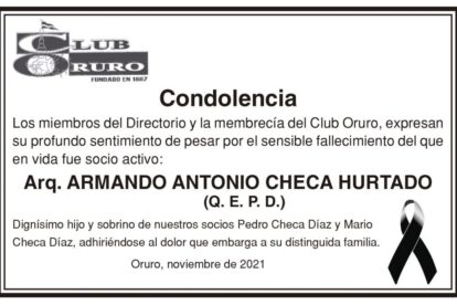 Condolencia por el fallecimiento de Arq. Armando Antonio Checa Hurtado