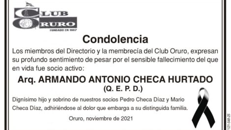 Condolencia por el fallecimiento de Arq. Armando Antonio Checa Hurtado