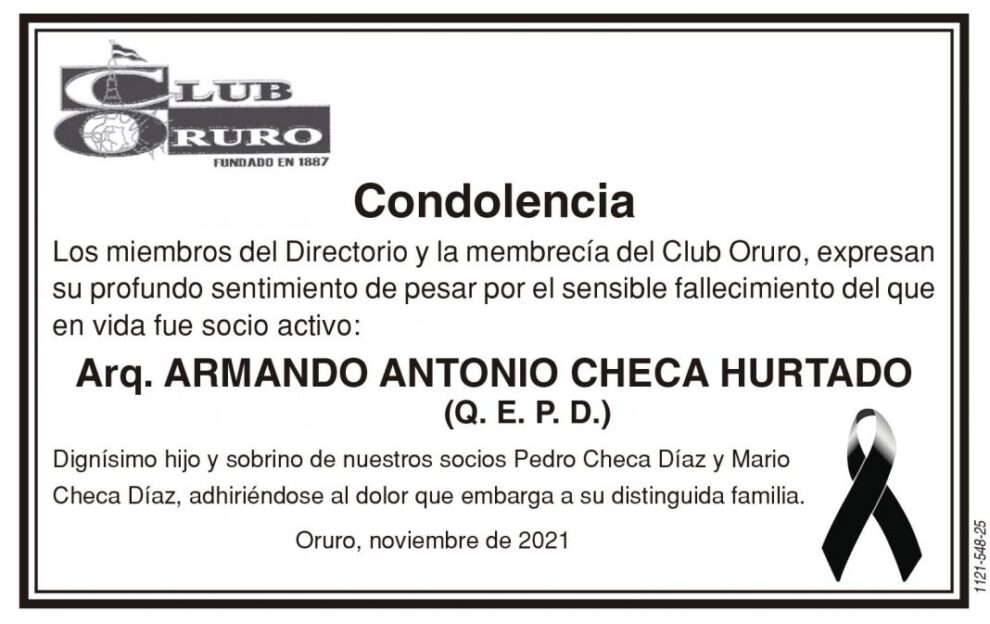Condolencia por el fallecimiento de Arq. Armando Antonio Checa Hurtado