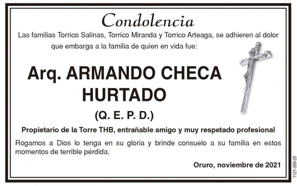 Condolencia por la pérdida de Armando Checa Hurtado