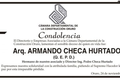 Condolencia por el deceso de Armando Checa Hurtado