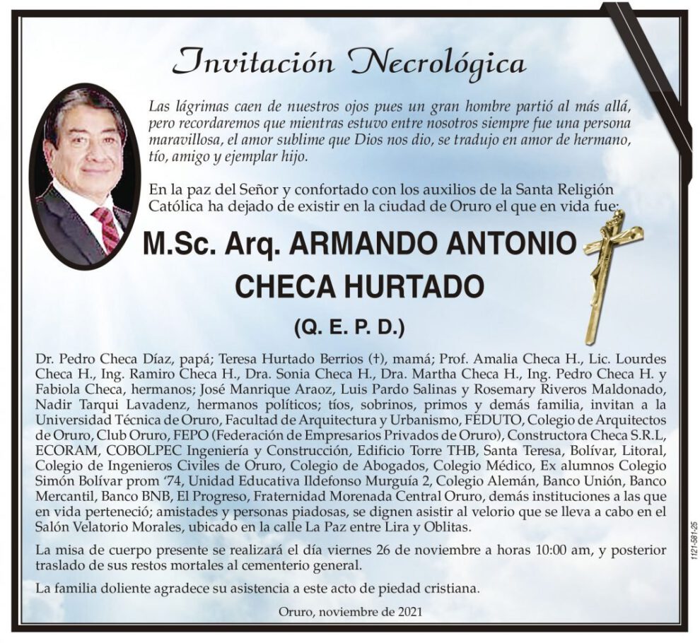 Invitación Necrológica de Armando Antonio Checa Hurtado