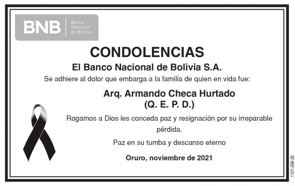 Condolencias por la pérdida de Arq. Armando Checa Hurtado