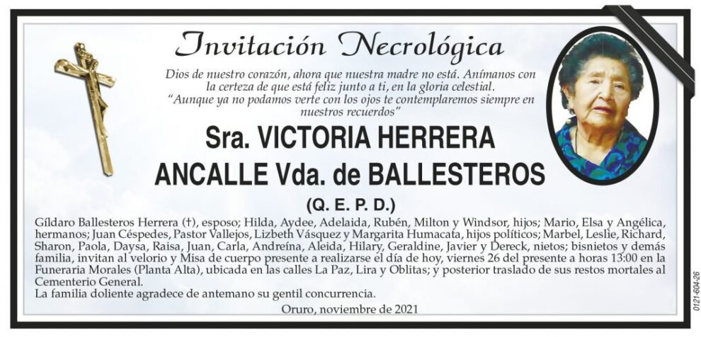 Invitación Necrológica de Victoria Herrera Ancalle