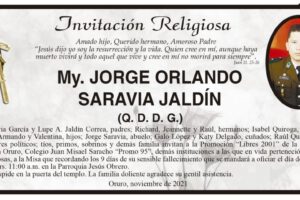 Invitación Religiosa para My. Jorge Orlando Saravia Jaldín