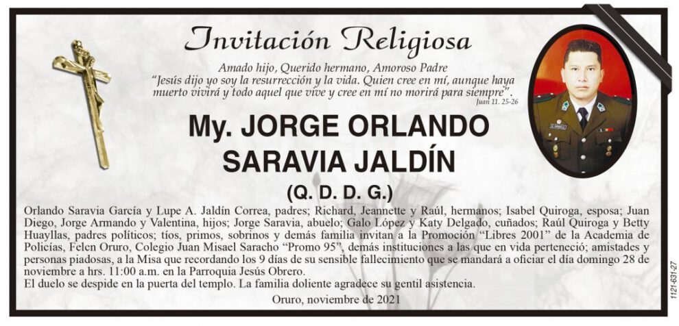 Invitación Religiosa para My. Jorge Orlando Saravia Jaldín