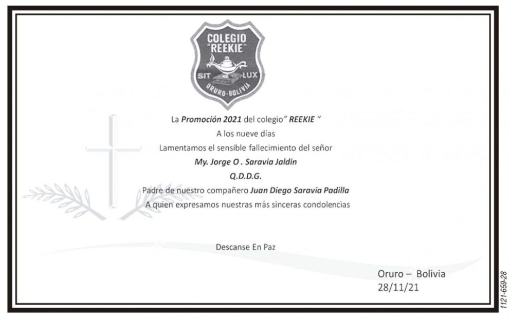Necrológico de My. Jorge O. Saravia Jaldin