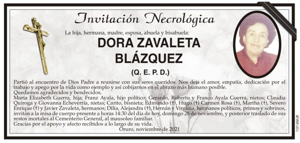 Invitación Necrológica de Dora Zavaleta Blázquez