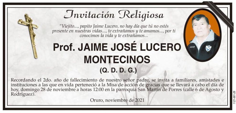 Invitación Religiosa en memoria de Prof. Jaime José Lucero Montecinos