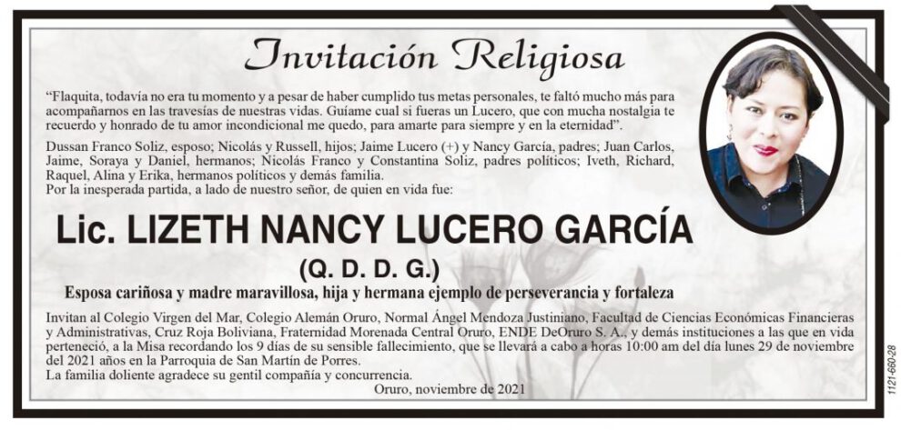 Lic. Lizeth Nancy Lucero García invitación religiosa
