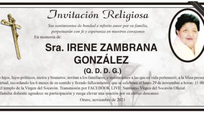Invitación Religiosa en memoria de Irene Zambrana González