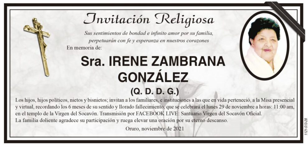 Invitación Religiosa en memoria de Irene Zambrana González