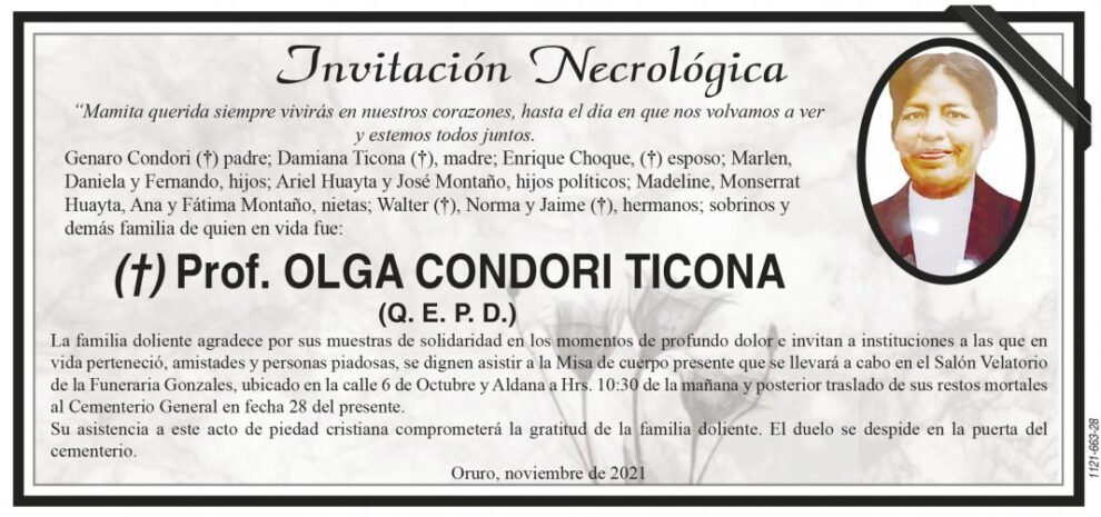 Invitación Necrológica: Prof. Olga Condori Ticona