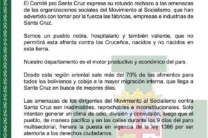 Comunicado del Comité pro Santa Cruz sobre amenazas del MAS