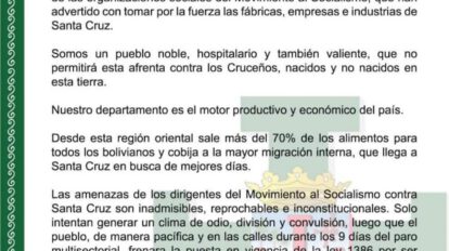 Comunicado del Comité pro Santa Cruz sobre amenazas del MAS