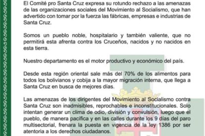 Comunicado del Comité pro Santa Cruz sobre amenazas del MAS