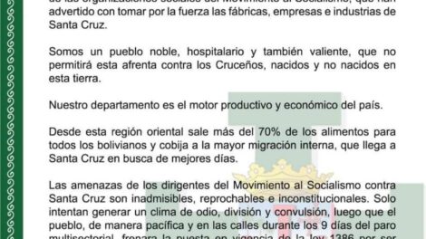 Comunicado del Comité pro Santa Cruz sobre amenazas del MAS
