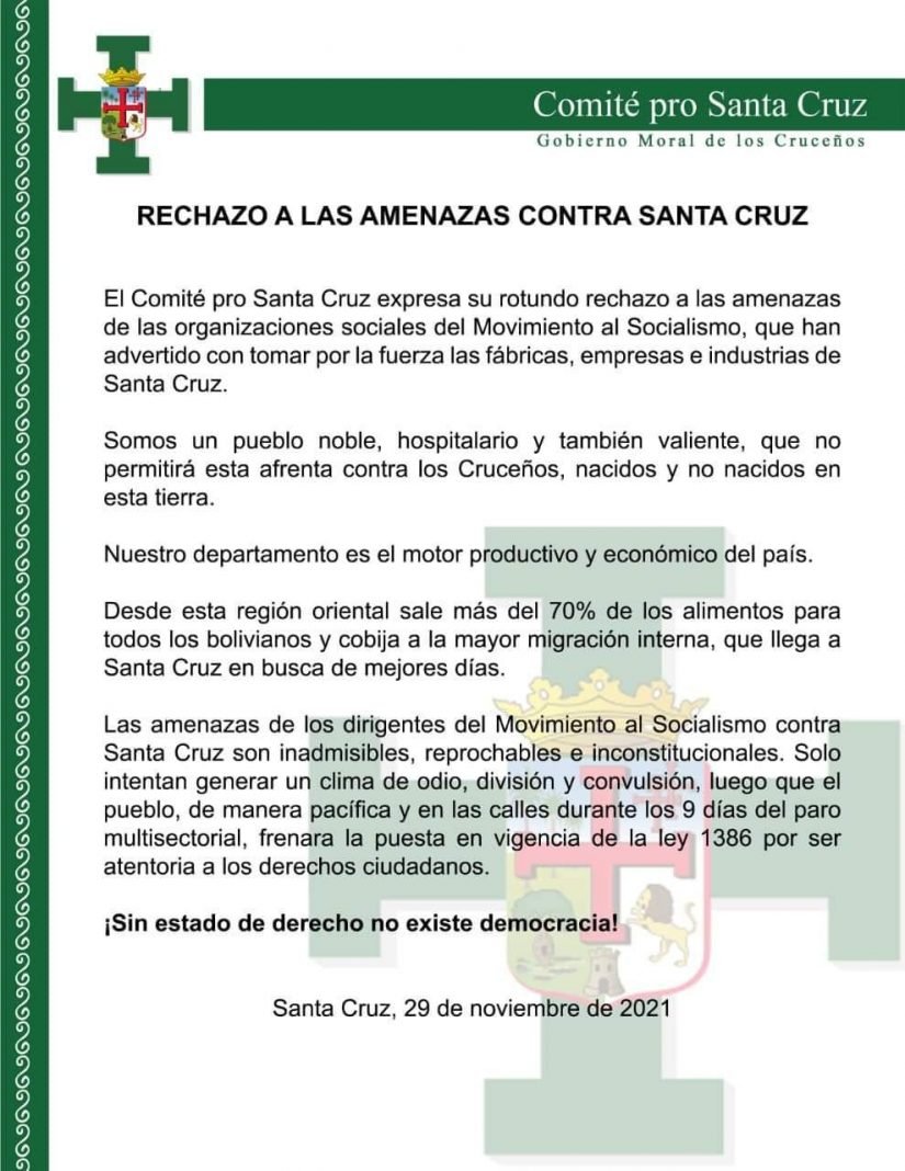 Comunicado del Comité pro Santa Cruz sobre amenazas del MAS