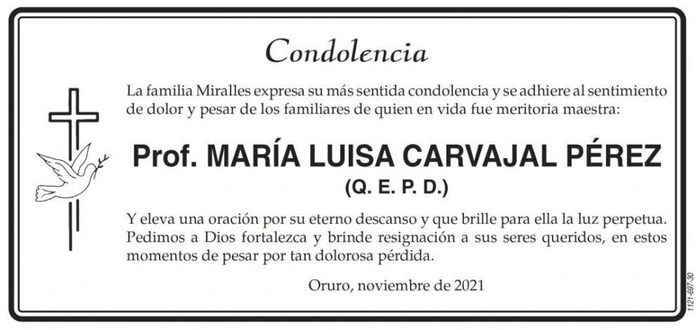 Condolencia por la Prof. María Luisa Carvajal Pérez