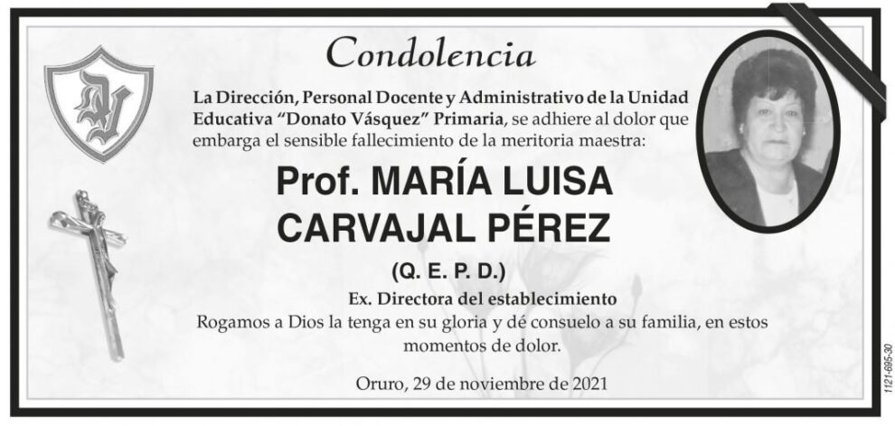 Condolencia por el fallecimiento de Prof. MARÍA LUISA CARVAJAL PÉREZ