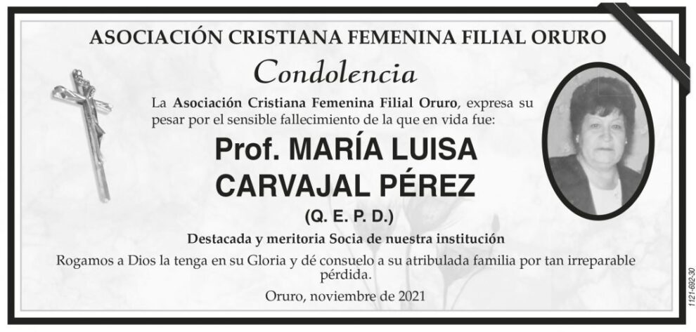 Condolencia por el fallecimiento de Prof. MARÍA LUISA CARVAJAL PÉREZ
