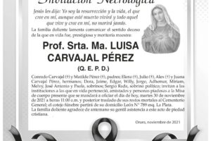 Invitación Necrológica: Prof. Srta. Ma. LUISA CARVAJAL PÉREZ