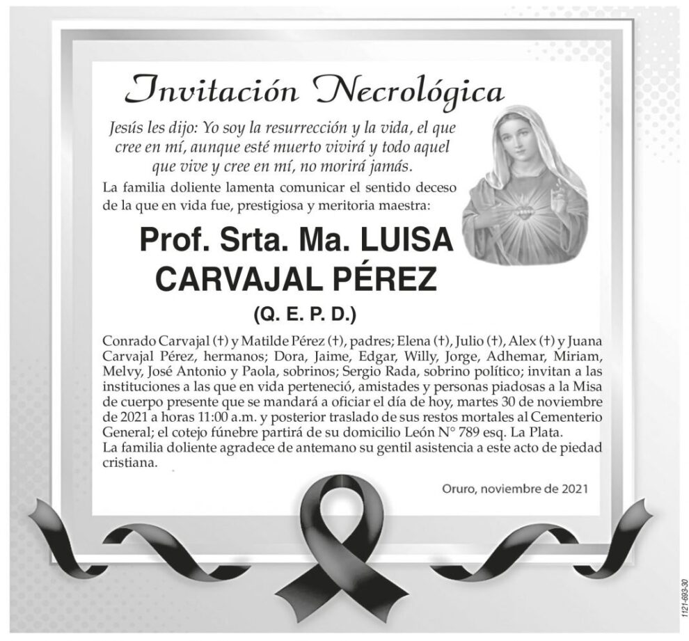 Invitación Necrológica: Prof. Srta. Ma. LUISA CARVAJAL PÉREZ