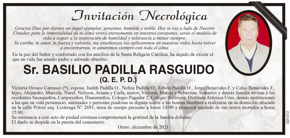 Invitación Necrológica para Basilio Padilla Rasguido