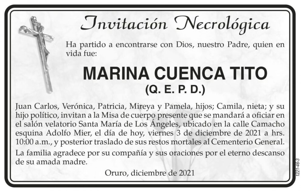 Invitación Necrológica de Marina Cuenca Tito