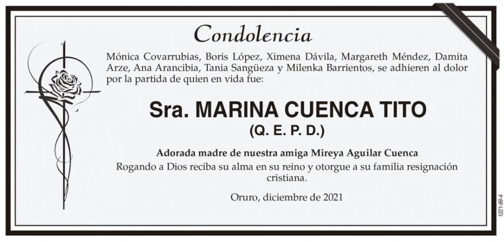 Condolencia por la partida de Marina Cuenca Tito