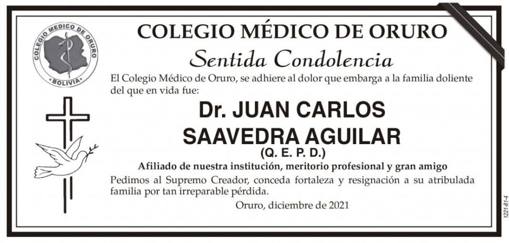 Sentida Condolencia por el Dr. Juan Carlos Saavedra Aguilar