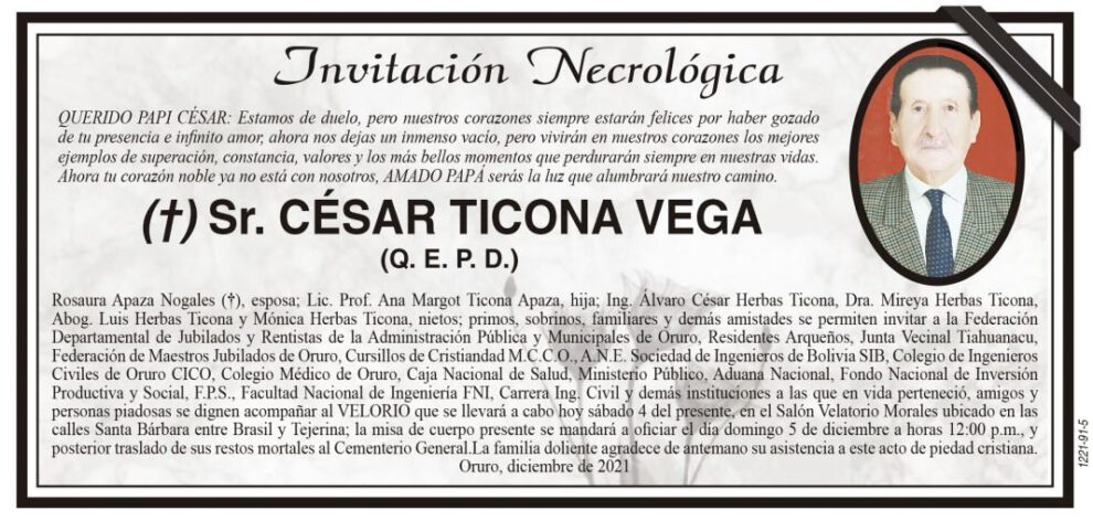 Invitación Necrológica para César Ticona Vega