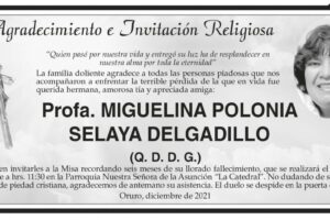 Agradecimiento e Invitación Religiosa: Profa. Miguelina Polonia Selaya Delgadillo