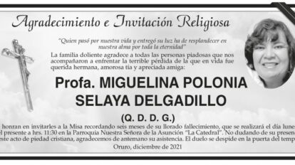 Agradecimiento e Invitación Religiosa: Profa. Miguelina Polonia Selaya Delgadillo