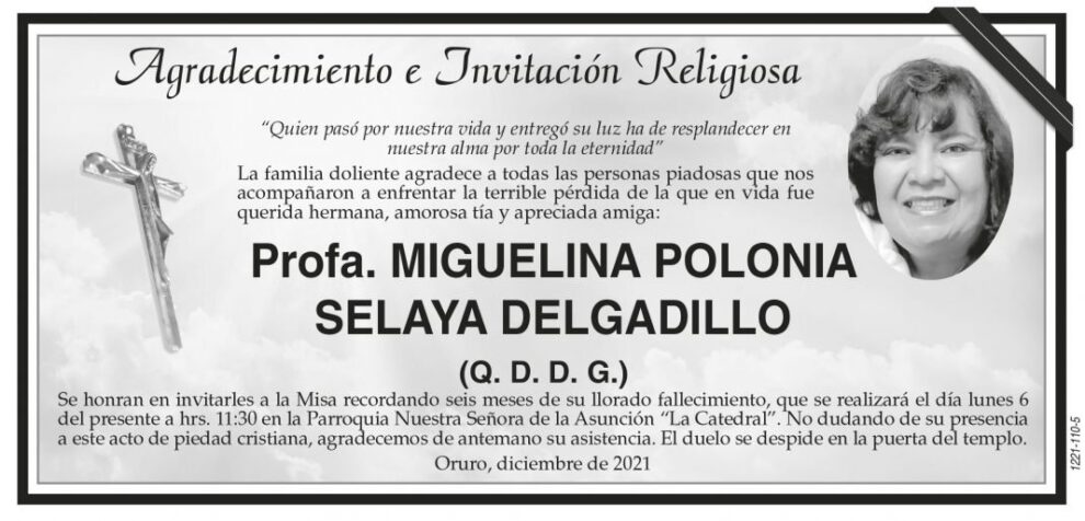 Agradecimiento e Invitación Religiosa: Profa. Miguelina Polonia Selaya Delgadillo