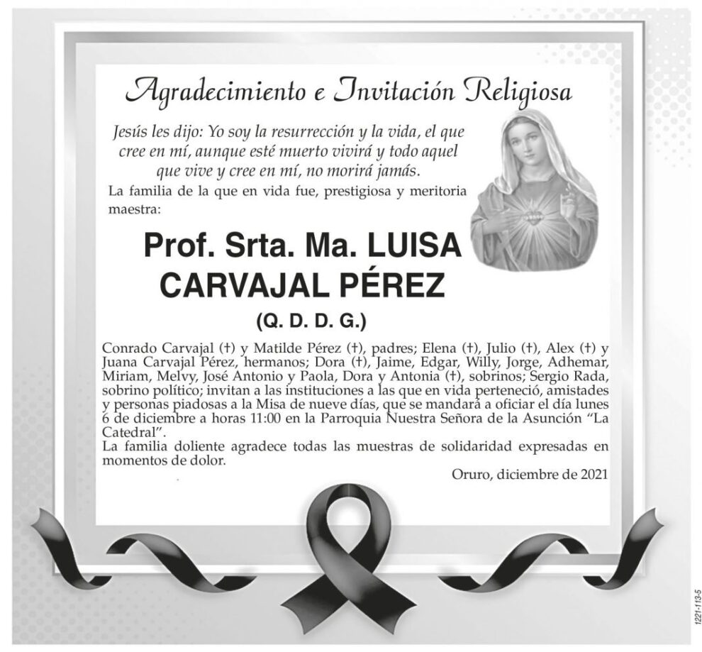 Agradecimiento e Invitación Religiosa: Prof. Srta. Ma. LUISA CARVAJAL PÉREZ