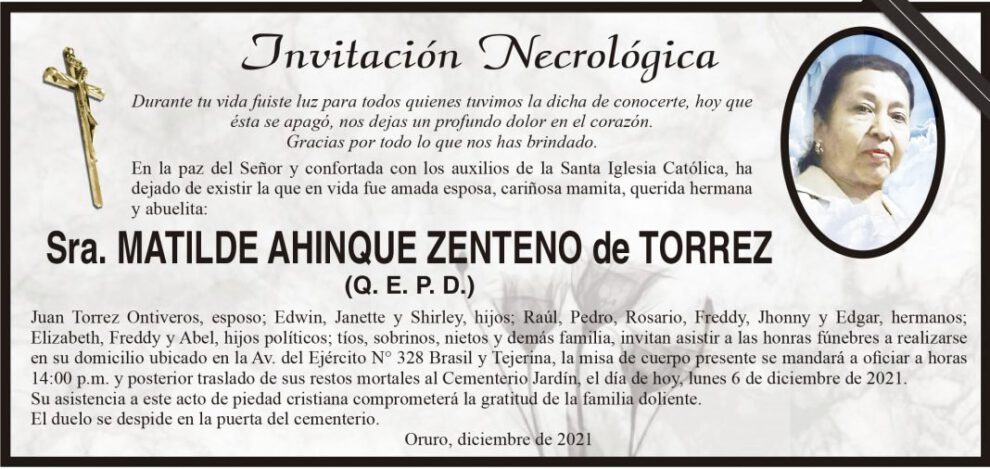 Invitación necrológica de Matilde Ahinque Zenteno de Torrez