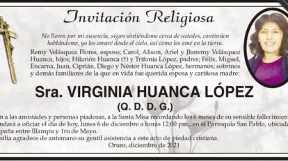 Invitación Religiosa en memoria de Virginia Huanca López