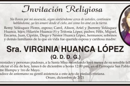 Invitación Religiosa en memoria de Virginia Huanca López