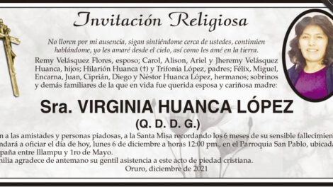 Invitación Religiosa en memoria de Virginia Huanca López