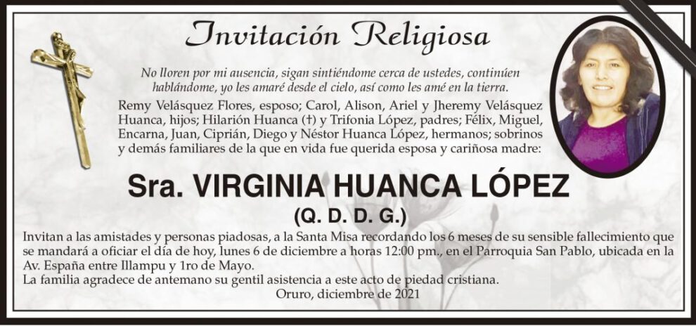 Invitación Religiosa en memoria de Virginia Huanca López