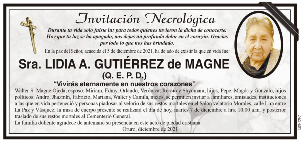 Invitación Necrológica: Lidia A. Gutiérrez de Magne