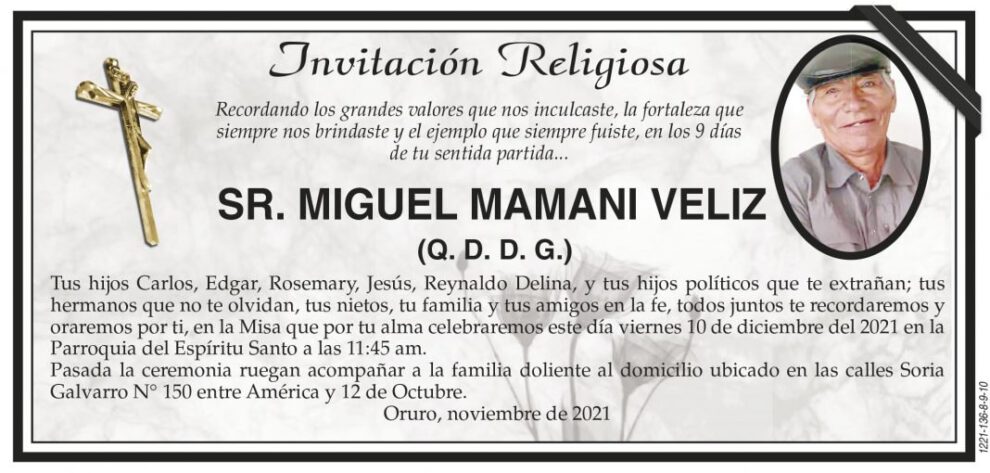 Invitación Religiosa para Miguel Mamani Veliz